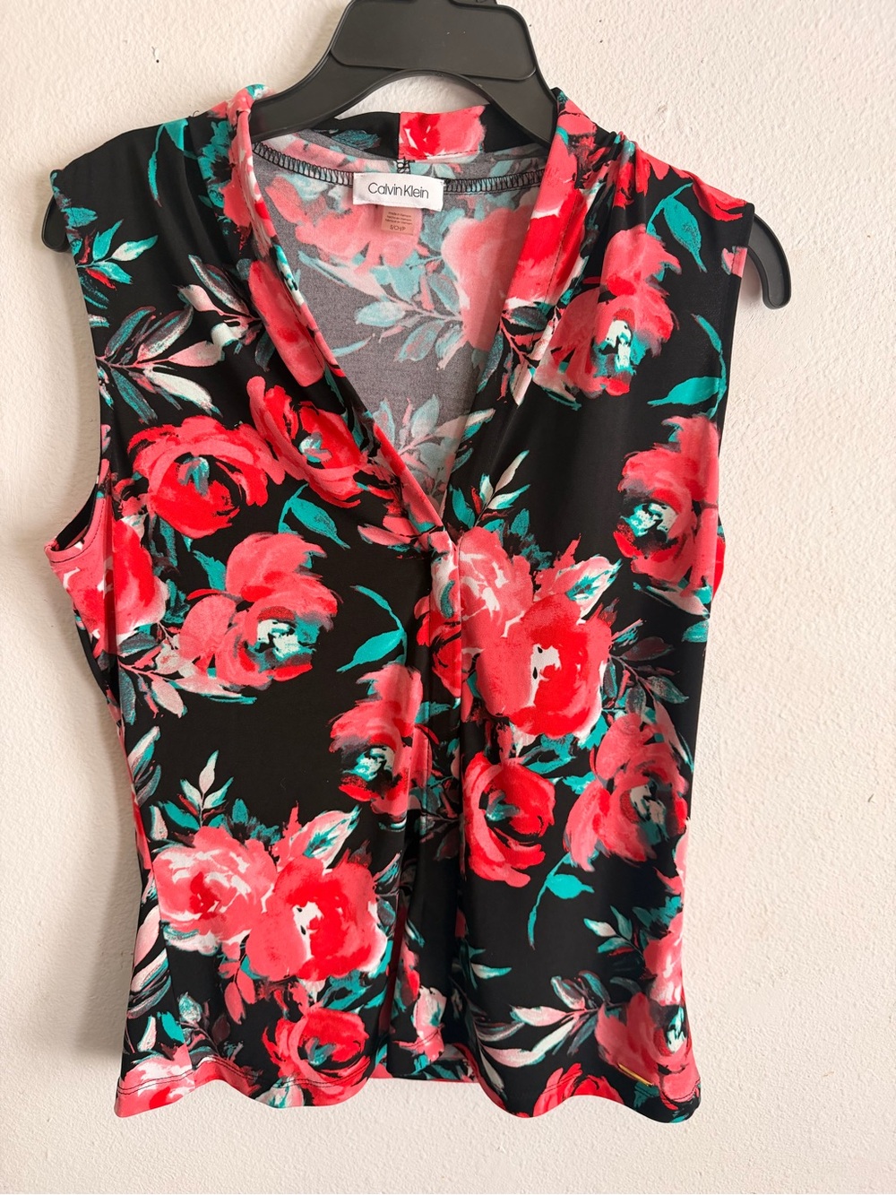 Calvin Klein Black Sleeveless V-Neck Camisole with Red Floral Print